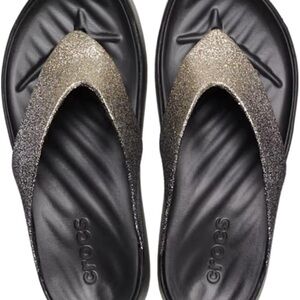 CROCS Women's Glitter V-Strap Sandals - Black with Gold Glitter